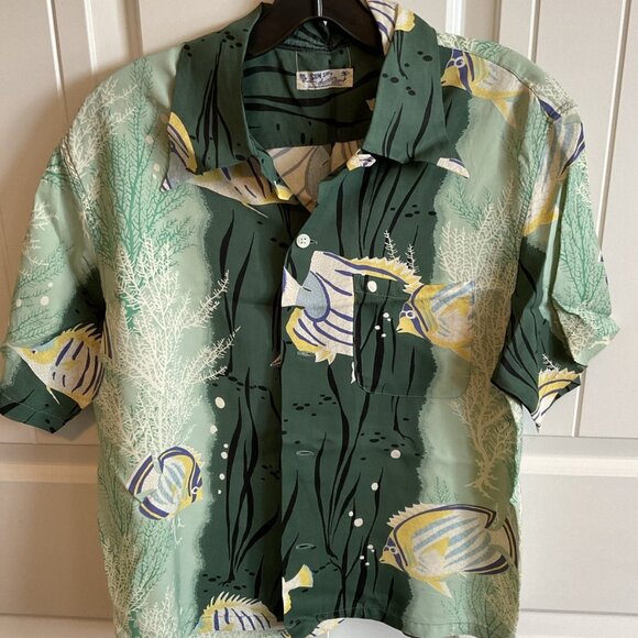 Sun Surf Japan Original Hawaiian Prints Green Yellow Fish Shirt Size Small S - Picture 1 of 9
